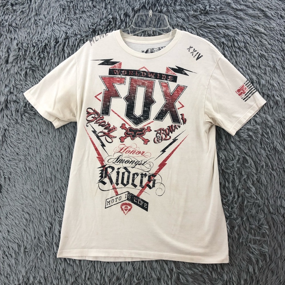 Fox Tshirt Mens Medium White Spellout Crossbones Honor Amongst Riders Logo